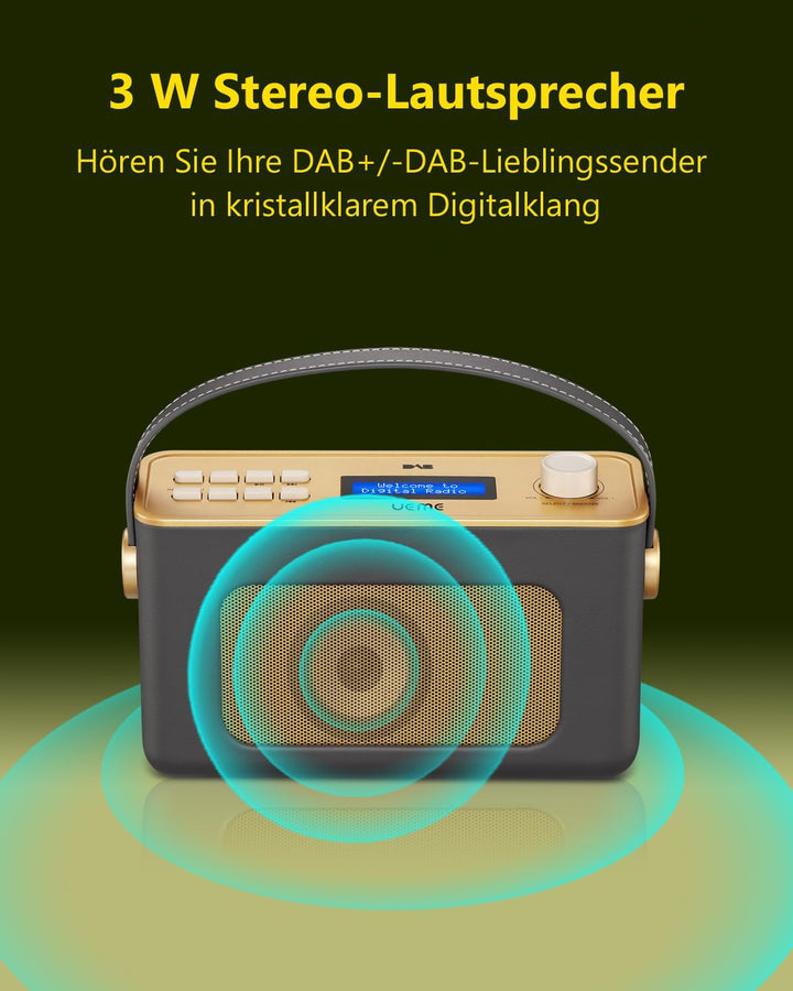 Tragbarer Retro Design DAB Plus/FM Radio, Bluetooth Lautsprecher DAB + Radio mit Wiederaufladbarer L
