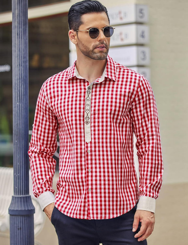 COOFANDY Herren Langarm Trachtenhemd Karriert Oktoberfest Hemd Regular Fit Karohemd Freizeithemd Pla