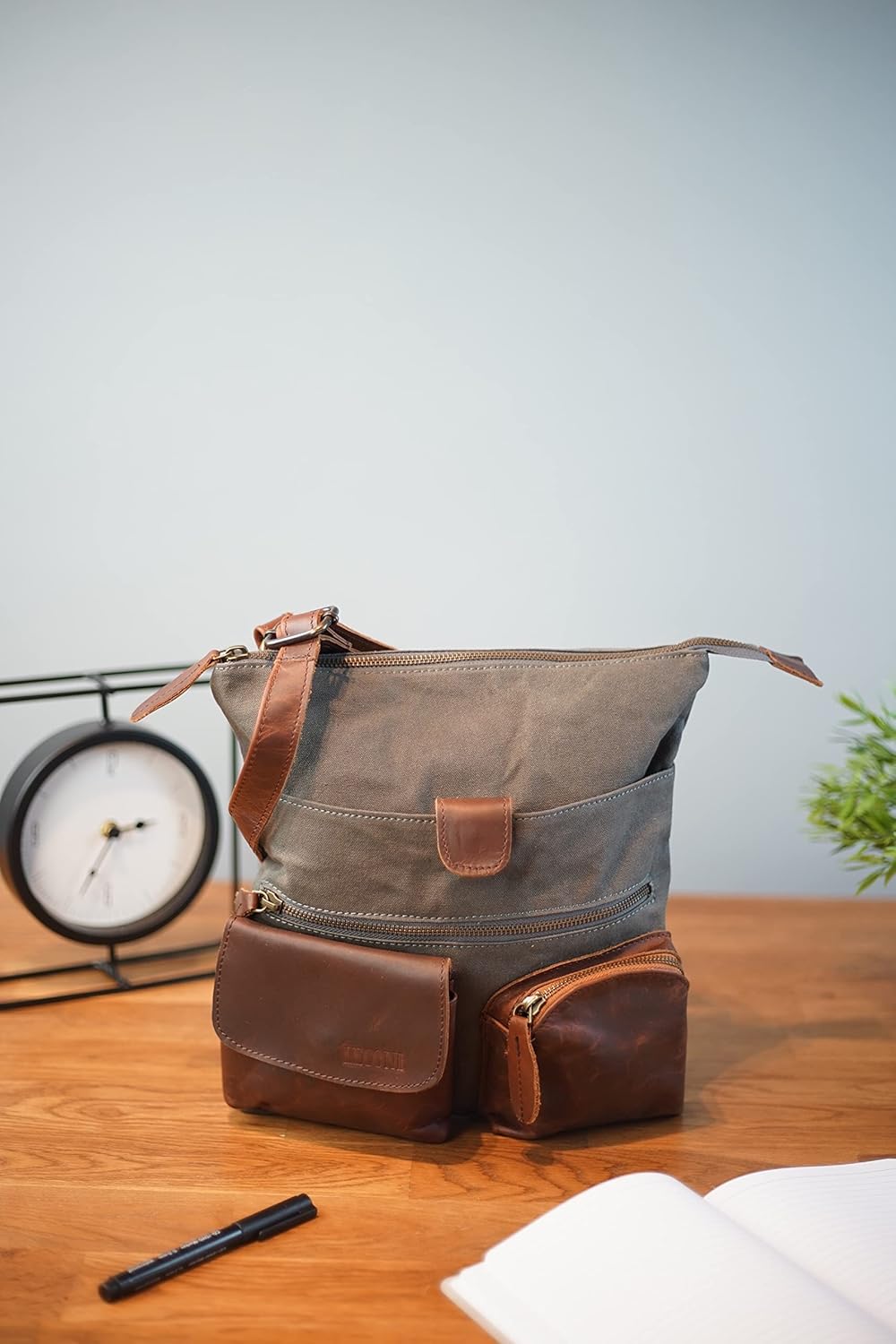 LECONI Umhängetasche Canvas &amp; Leder kleine Schultertasche Handtasche Damen + Herren Vintage Retro St
