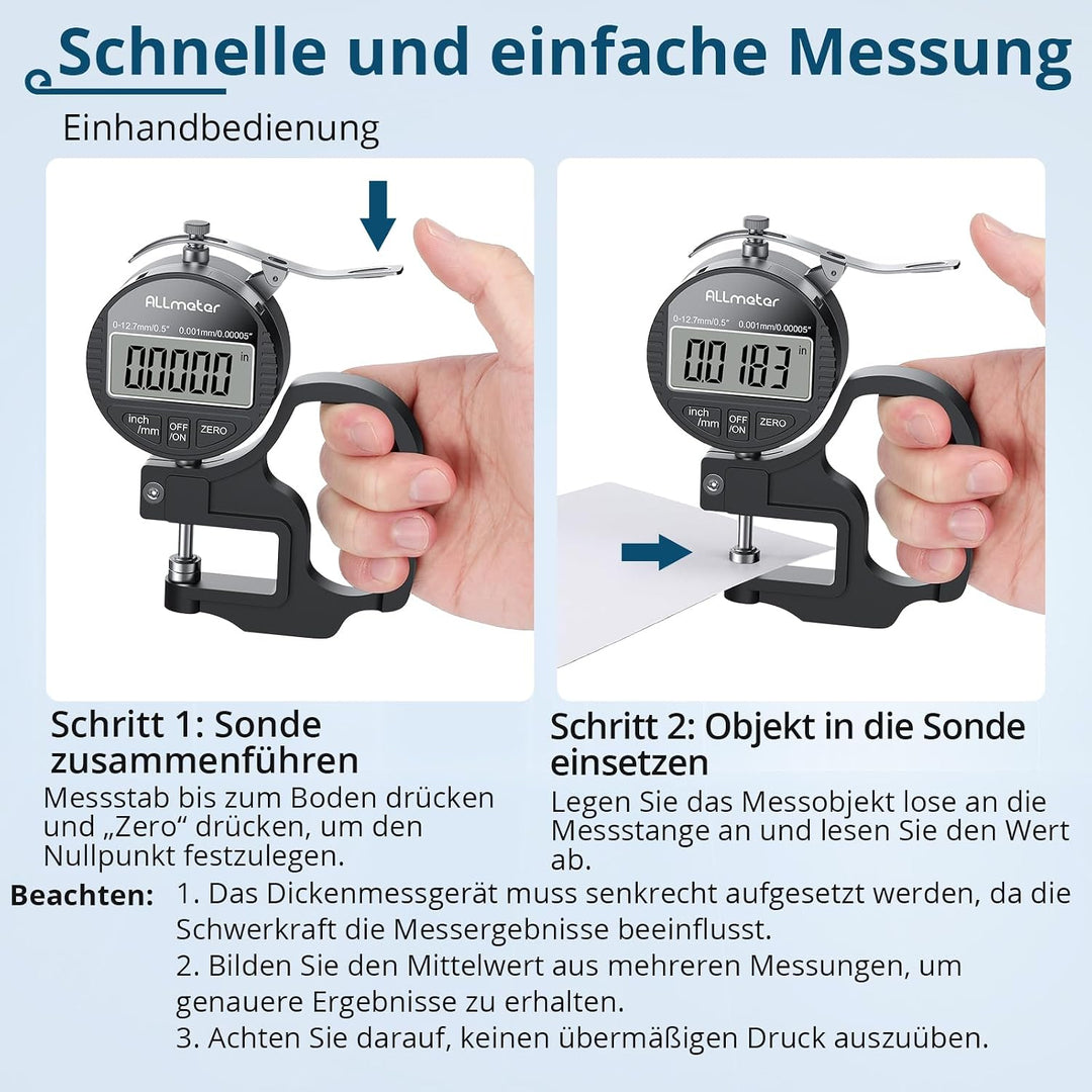 Digitales Dickenmessgerät 0-12,7mm, 0,001mm/0,00005'' Präzisions-LCD Messgerät für Leder, Papier, St