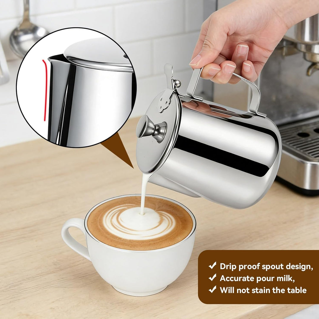 Milchkännchen mit Deckel, 600 ml/1000 ml, Milchaufschäumkännchen,Edelstahl Milchkännchen,Edelstahl-K