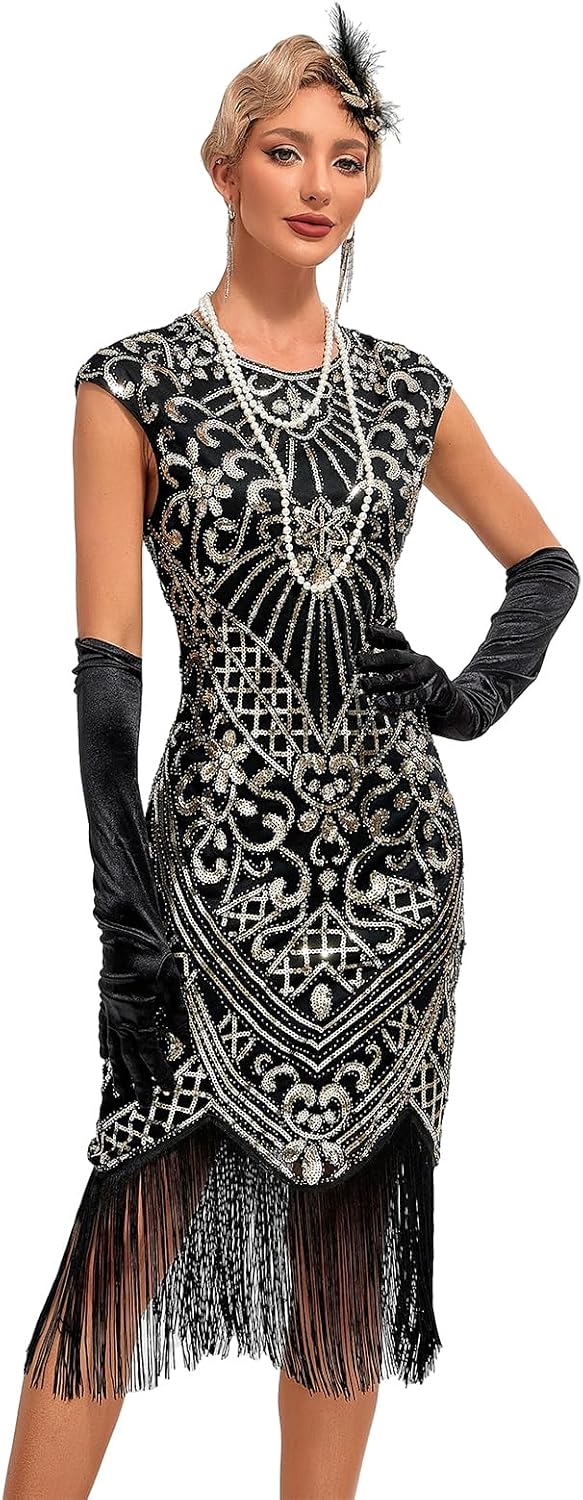 VILOREE 1920s Kleid Damen Flapper Charleston Kleid Gatsby Pailletten Cocktail Abschlussballkleid Par