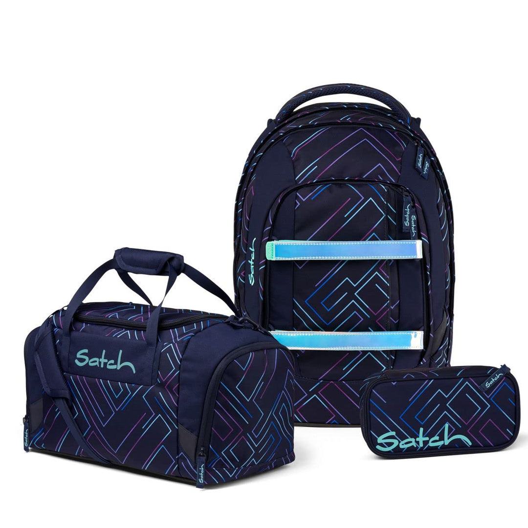 satch Pack Schulrucksack Set 3tlg. mit Sporttasche und Schlamperbox (Purple Laser), 45 x 30 x 22 cm