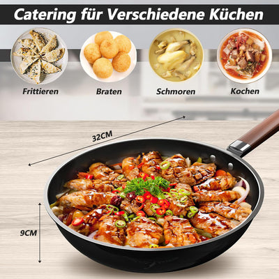 W&H 32cm/5,2L Wokpfanne mit Deckel,Ohne Chemische Beschichtung,Gusseisen Wok zum Kochen, Braten und