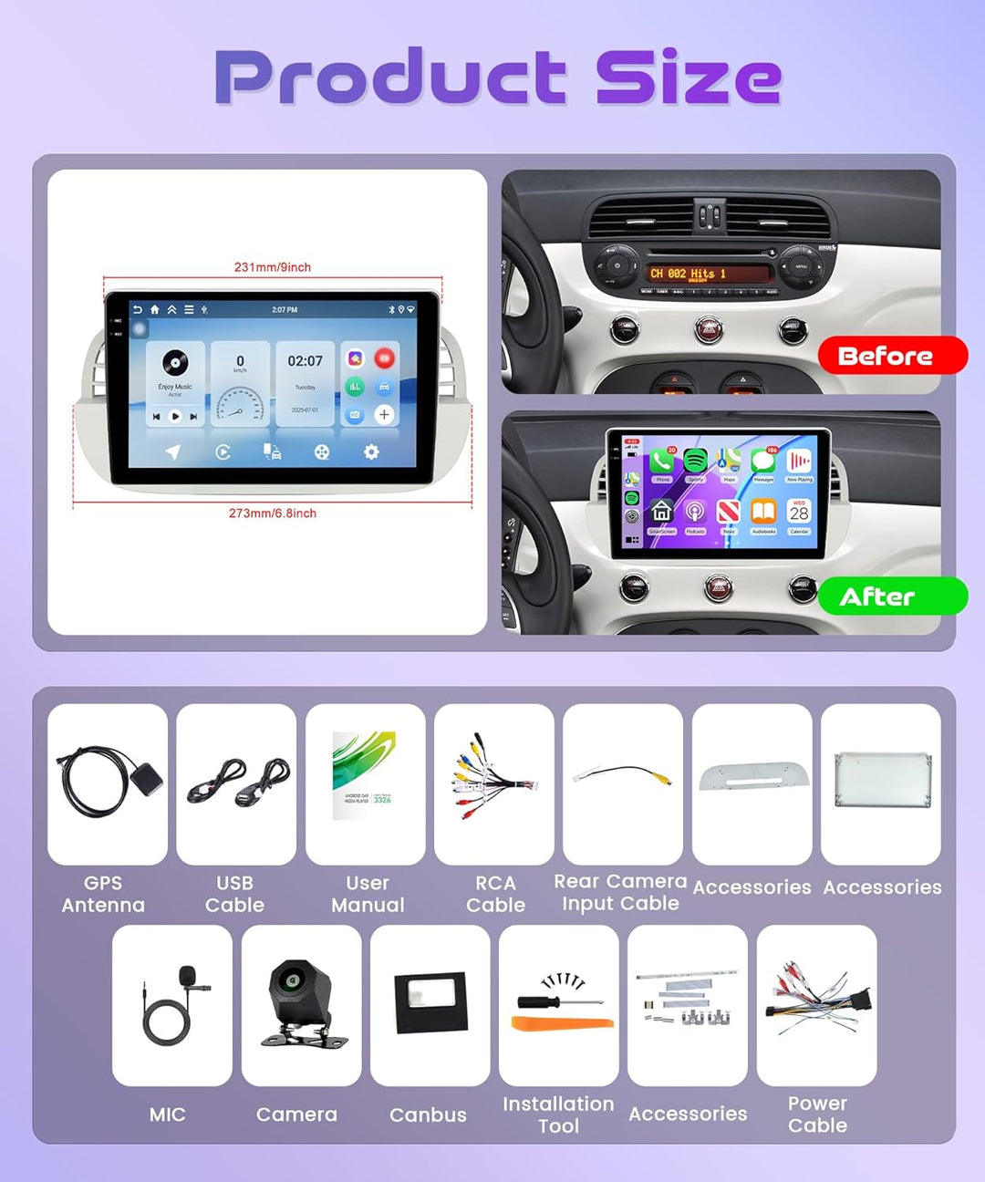 Rimoody 4G+64G Android Autoradio für FIAT 500 2007-2015 Wireless Carplay Android Auto 9 Zoll Incell