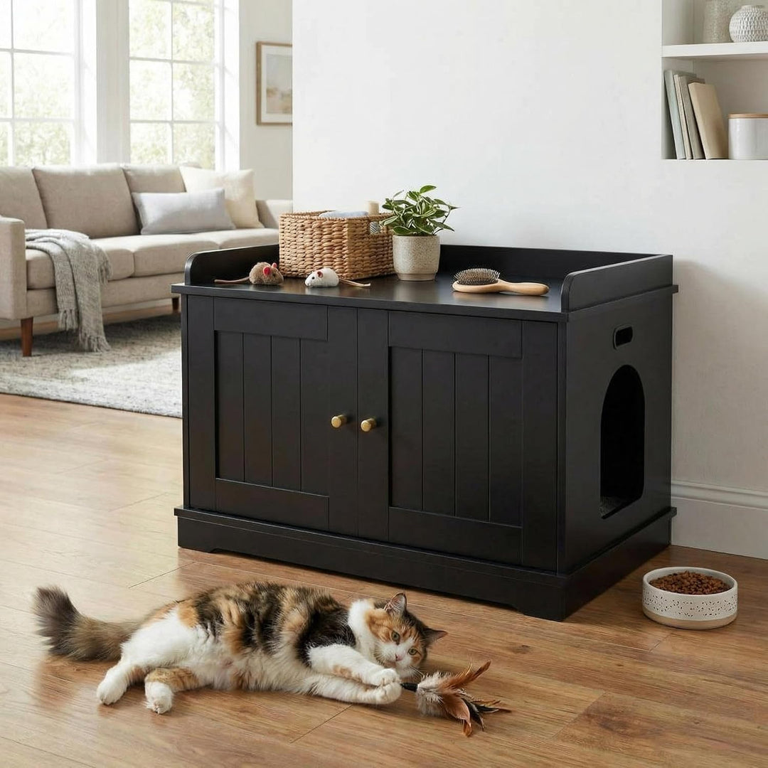 Garvee Hundesicheres Katzenklo Schrank mit Scheunentor – Modernes Katzenhaus &amp; Endtisch – Grosse Inn
