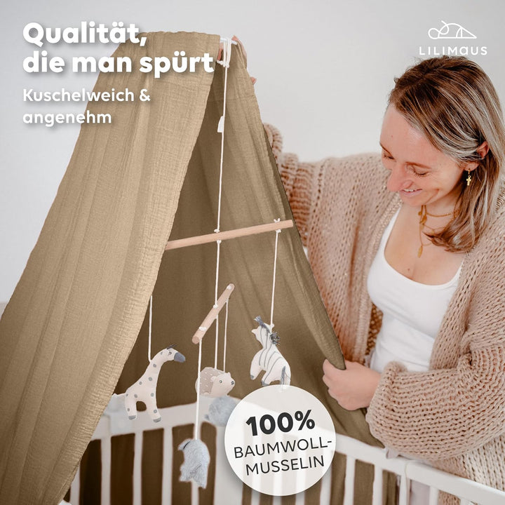 lilimaus Betthimmel Babybett [Beige] - Himmel Babybett aus 100% Baumwolle Musselin Handmade - Betthi