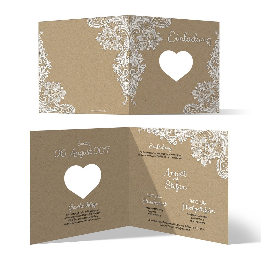 Kartenmachen.de Lasergeschnittene Hochzeit Einladungskarten - Rustikal Kraftpapier - Hochzeitskarten