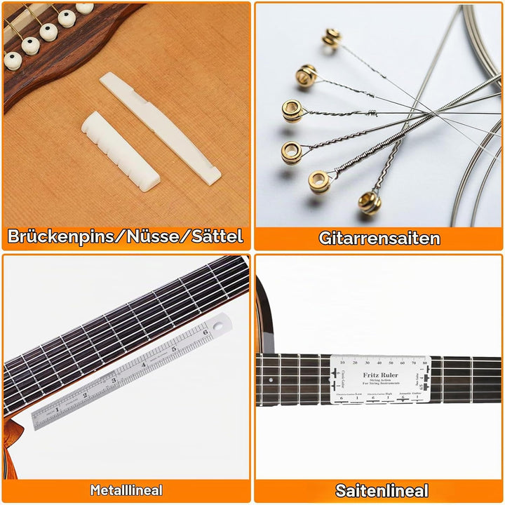 63 Stück Gitarren-Reparatur-Set, Gitarrenpflege-Reinigungs-Werkzeug-Set mit Sattel, Steg, Stimmgerät