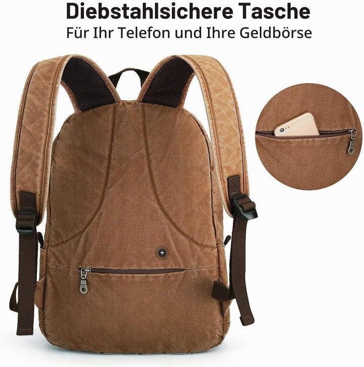 Muzee Canvas Rucksack, Leichter Anti-Diebstahl-Reise-Rucksack mit USB-Ladeanschluss für Herren Damen