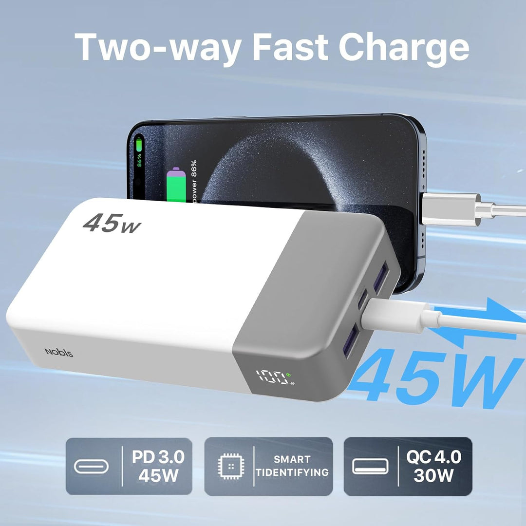 NOBIS Power Bank, Powerbank 20000mAh, 45W Externe Handyakkus Schnellladen, Externer Akku mit C zu C