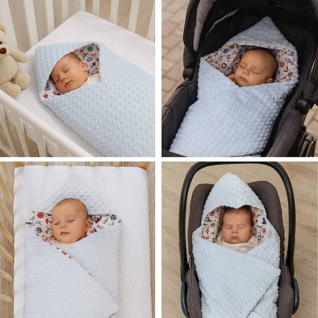 Baby Einschlagdecke Doppelseitig 86x86 cm Minky-Plüsch für Kinderwagen und Babybett (Blau Minky-Sege