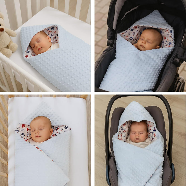 Baby Einschlagdecke Doppelseitig 86x86 cm Minky-Plüsch für Kinderwagen und Babybett (Blau Minky-Sege
