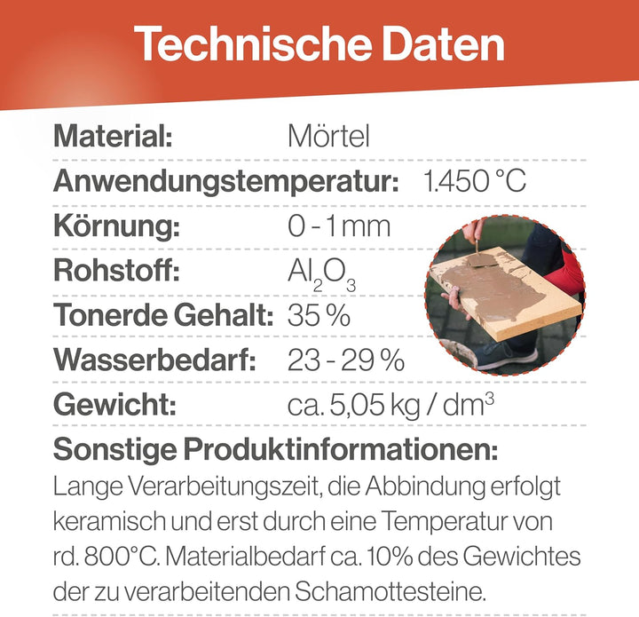 Feuerfest 123 - Schamottemörtel [Menge 1 kg] - Für Kaminöfen, Öfen & Grills - Feuerfester Mörtel 1.4
