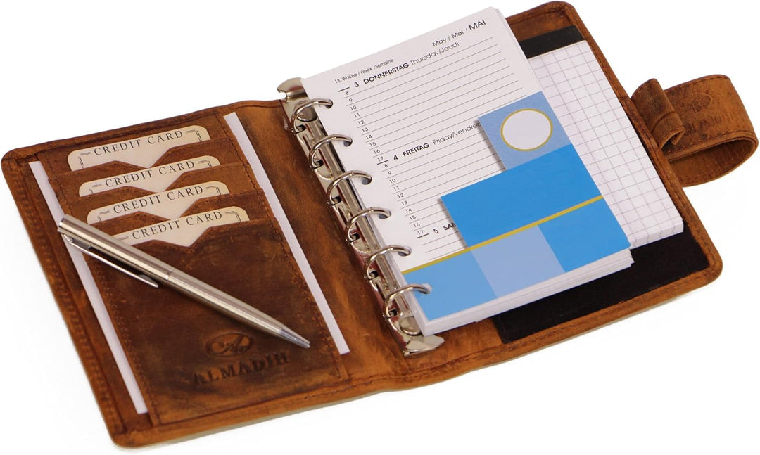ALMADIH Leder A7 Terminplaner Kalender 2024 Notizblock Premium Rindsleder BV Geschenkbox Ledermappe