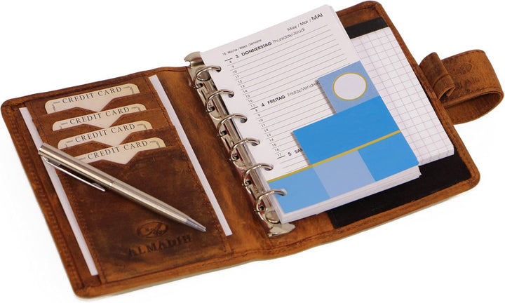 ALMADIH Leder A7 Terminplaner Kalender 2024 Notizblock Premium Rindsleder BV Geschenkbox Ledermappe