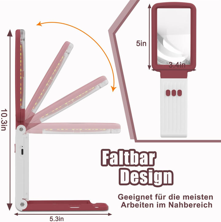 10X Lupe mit Licht und Ständer, Echtglaslinse Leselupe, Wiederaufladbare, Faltbare Grosse Handlupe,