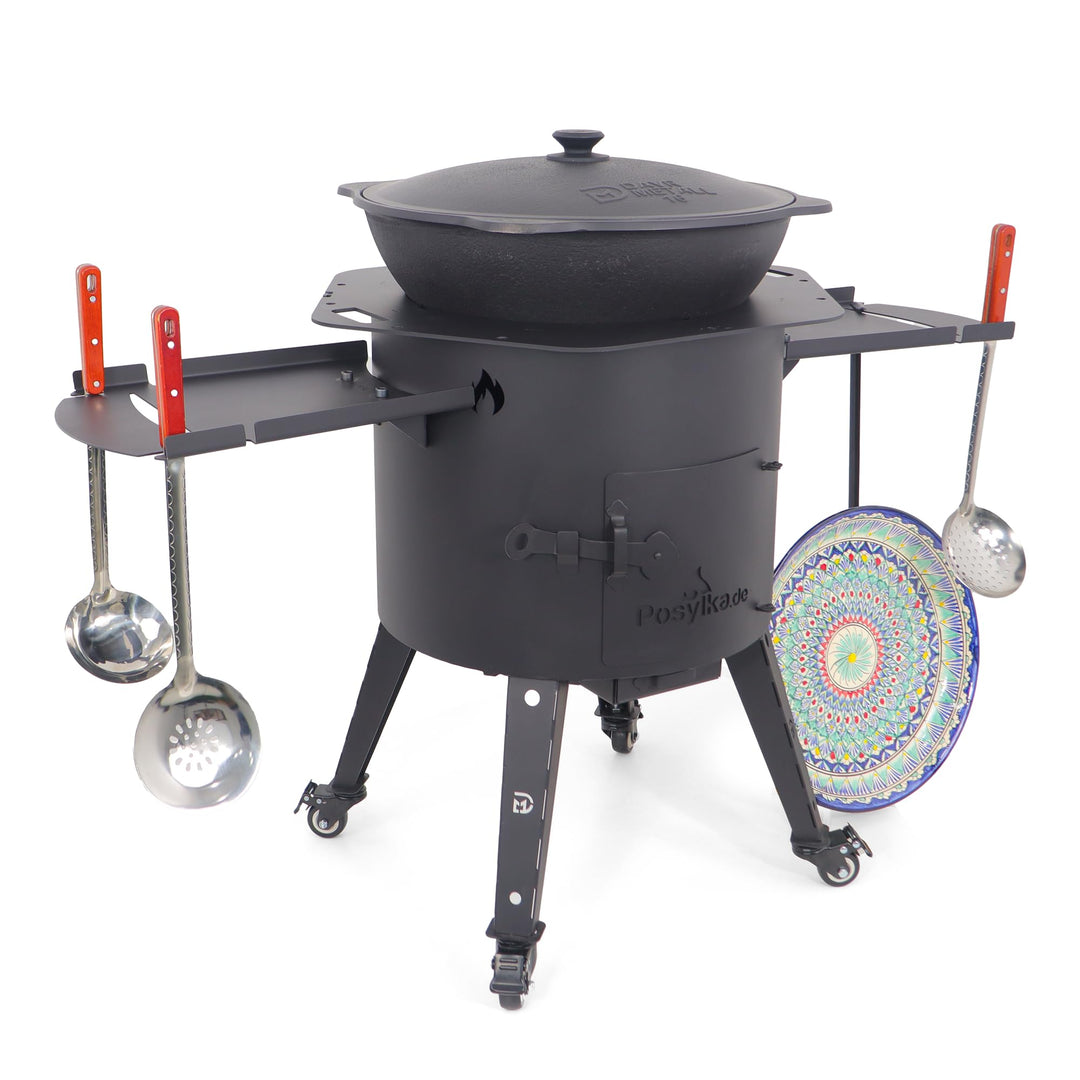 Gusseisen Kazan 16L mit Utschak Feuerofen Ø 44cm | Kasan-Set Runder Boden Deckel | Учаг Feuerschale