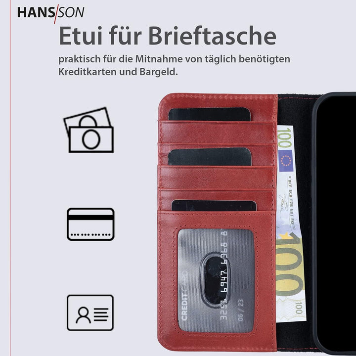 HANS/SON Hülle aus Echtleder mit Kartenfächern | Rote iPhone 13 Pro Max Klapphülle | Geldbeutel | Ma