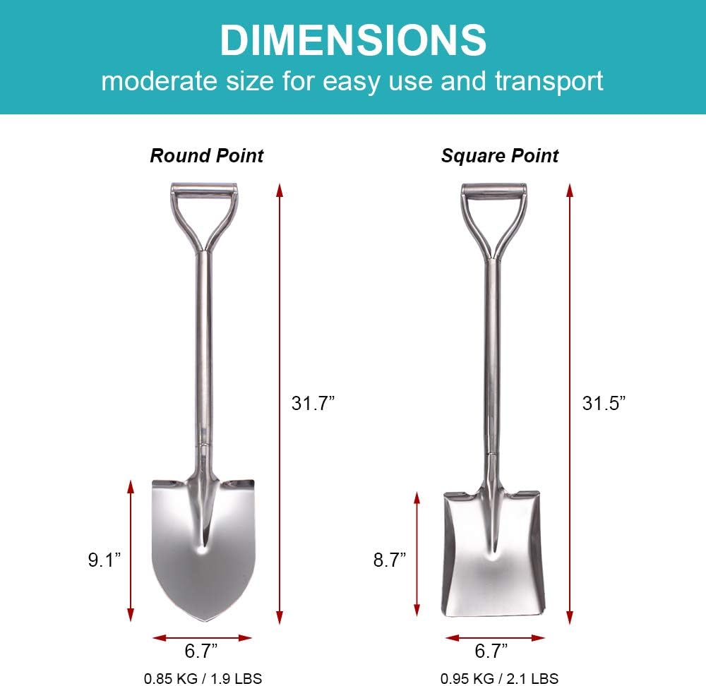 LUBAN Schaufel aus Edelstahl, Länge:80, Rund Schaufel aus Metall mit mit D-Griff, rostfreie Spatensc
