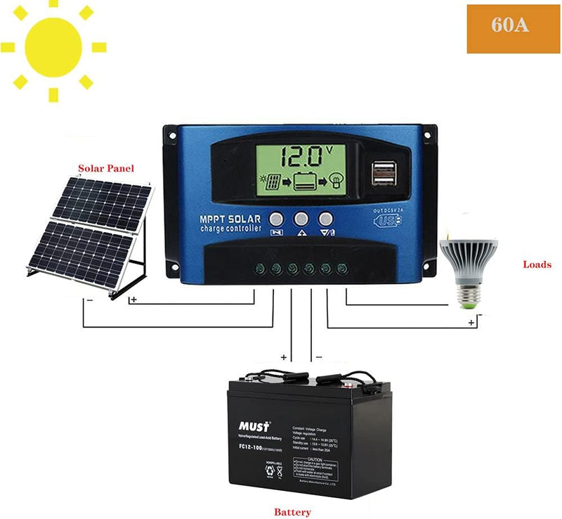 Controlador de Carga, 60 A mit Doble Usb-12 V / 24 V, LCD-Controlador Intensiv-Panel Solar Autobatte