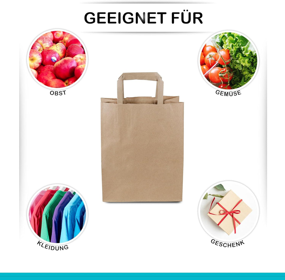 Commerline Papiertüten 250 Stück, Braun, 22+10x28 cm | Kraftpapier Tüten Klein Mit Henkel | Tragetas