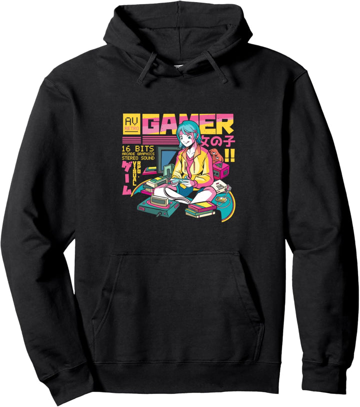 Retro Anime Gamer Girl Pullover Hoodie