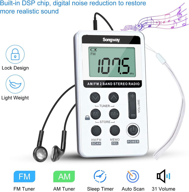 Songway AM/FM-Taschenradio Stereo mit Kopfhörer-LCD-Display USB Wiederaufladbar Hervorragender DSP-E