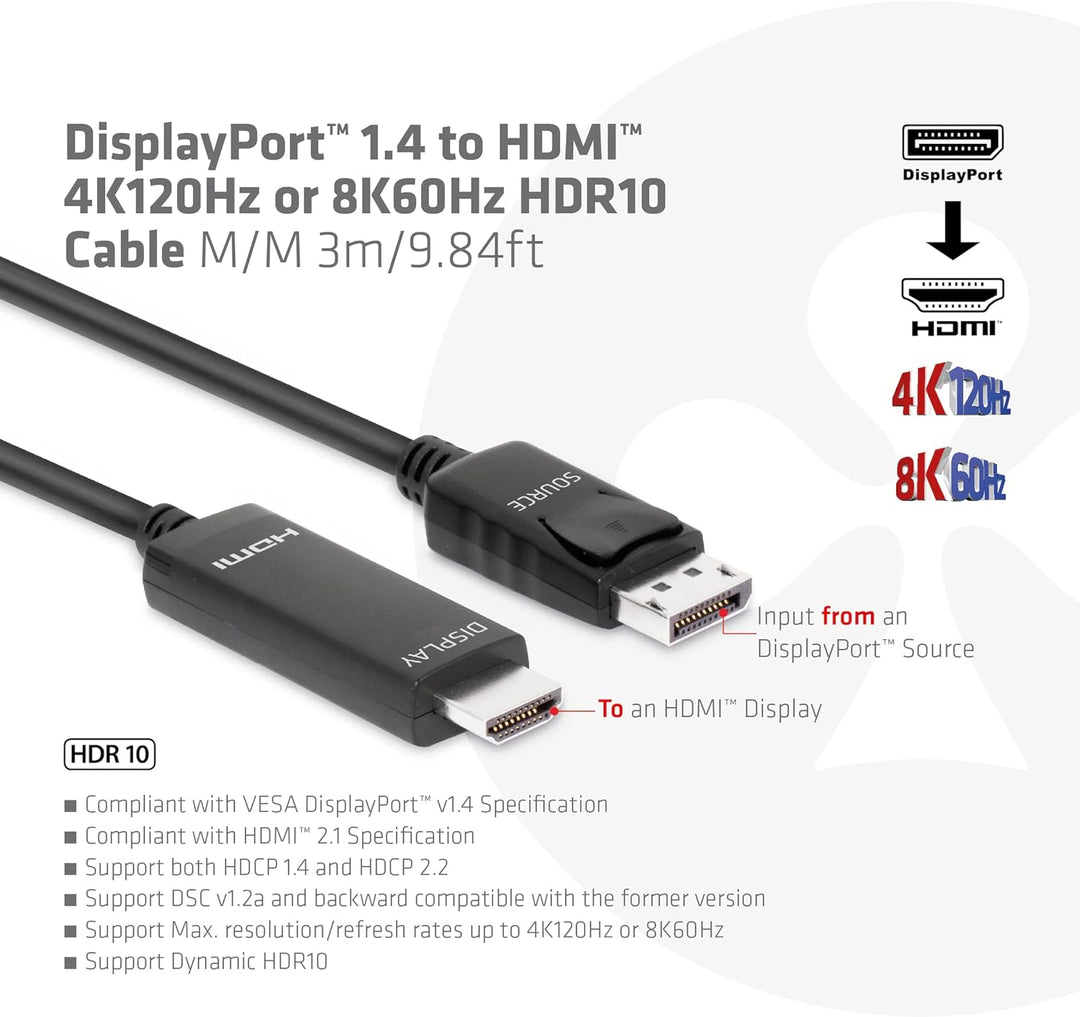 Club3D CAC-1087 DisplayPort 1.4 auf HDMI 4K120Hz oder 8K60Hz HDR10 Kabel 3m St./St.