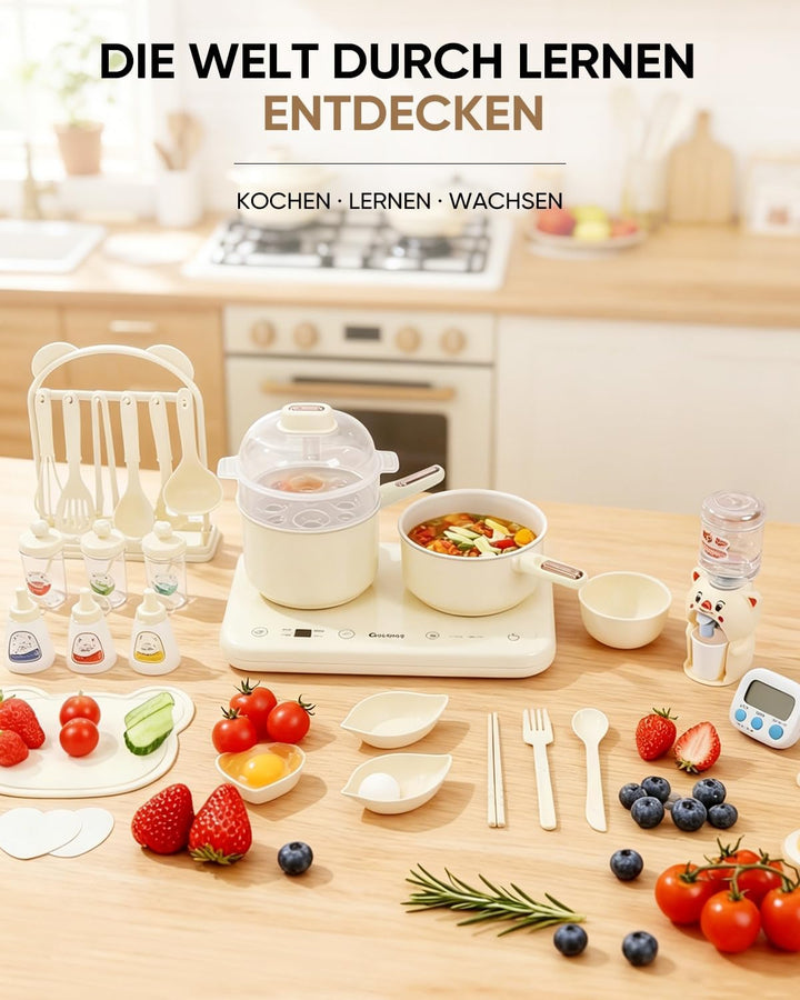 Kinder Elektro-Kochset mit Doppel Kochfeldern – Komplettes kinderküche zubehör inklusive Kochgeschir