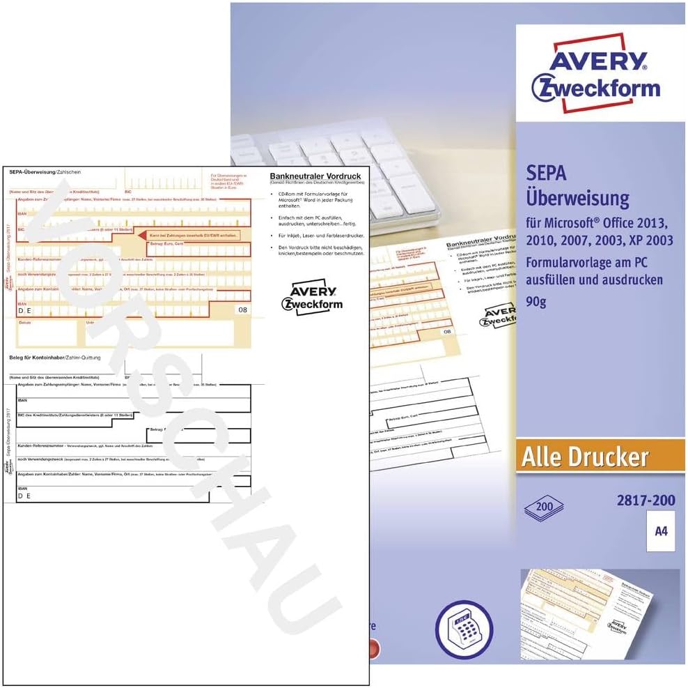 AVERY Zweckform 2817-200 Überweisung/Zahlschein (PC-Druckerformular, A4, von Rechtsexperten geprüft,