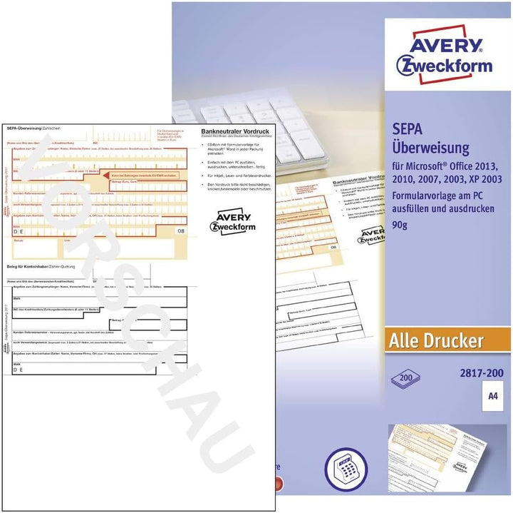 AVERY Zweckform 2817-200 Überweisung/Zahlschein (PC-Druckerformular, A4, von Rechtsexperten geprüft,