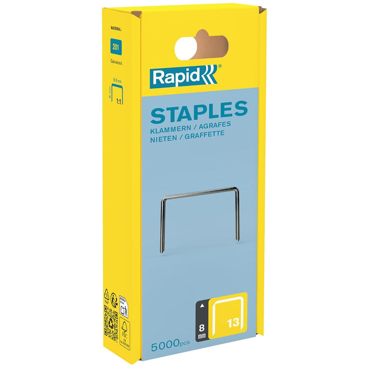 Rapid Tackerklammern Typ 13, 8mm Klammern, 5.000 Stk. Kunststoffbox, Feindrahtklammern für Holz und