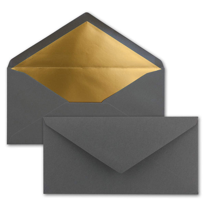 100 Brief-Umschläge DIN Lang - Anthrazit-Grau mit Gold-Metallic Innen-Futter - 110 x 220 mm - Nasskl