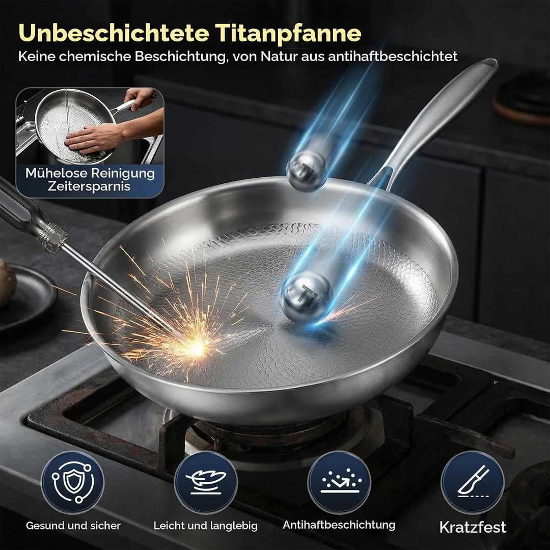 Titan Bratpfanne 26 cm mit Deckel–Unbeschichtete Pfanne aus 99,7% reinem Titan &amp; 316L Edelstahl, ohn