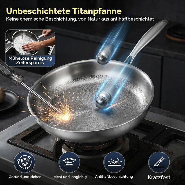 Titan Bratpfanne 26 cm mit Deckel–Unbeschichtete Pfanne aus 99,7% reinem Titan &amp; 316L Edelstahl, ohn