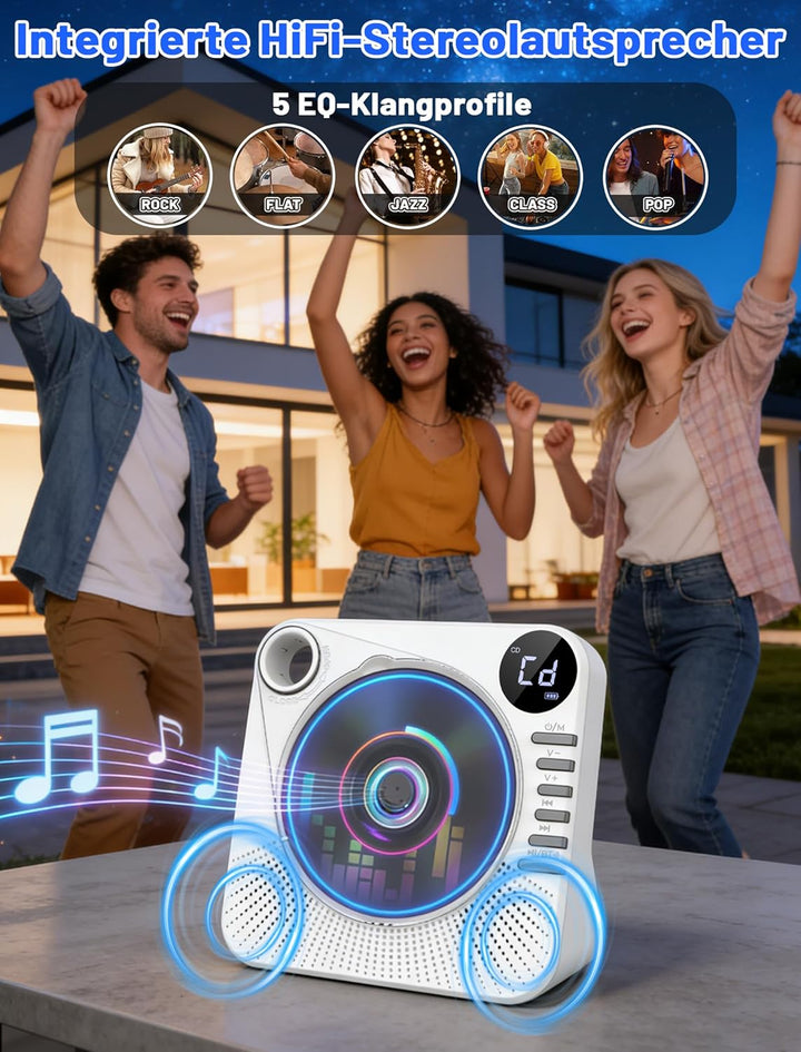 Tragbarer CD-Player 4000mAh Wiederaufladbar, Bluetooth 5.1 mit Stereo-Lautsprechern, Fernbedienung,