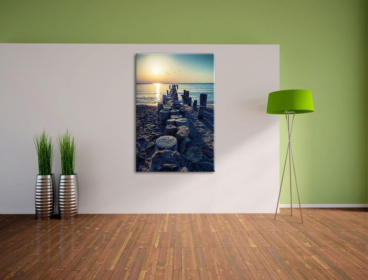Baumstümpfe am Meer Format: 100x70 auf Leinwand, XXL riesige Bilder fertig gerahmt mit Keilrahmen, K