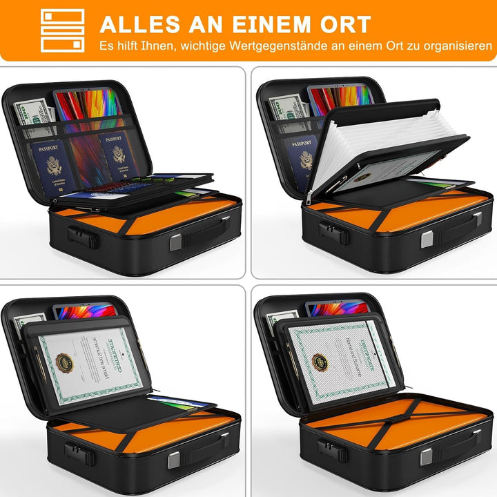 JUNDUN Feuerfeste Dokumentenbox mit Schloss, Hartschalenkoffer Document Organizer mit 13 Fächern, Fe