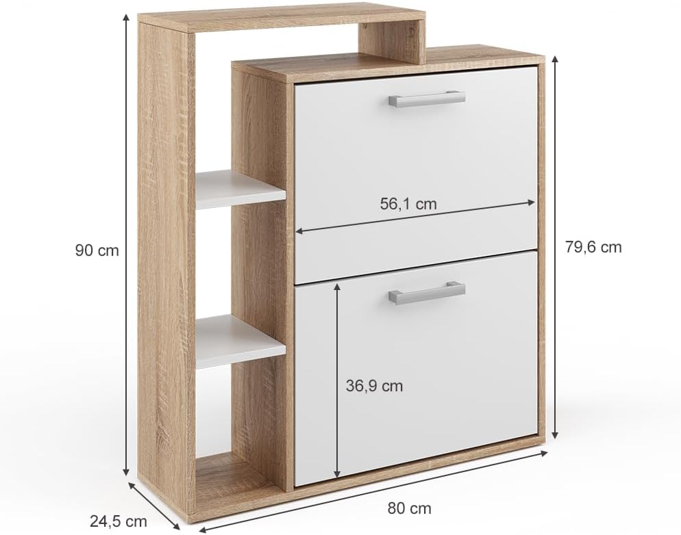 Vicco Schuhkipper Orlando, Weiss/Sonoma, 24.5 x 90 cm, mit zwei Klappregalen zur platzsparenden Schu