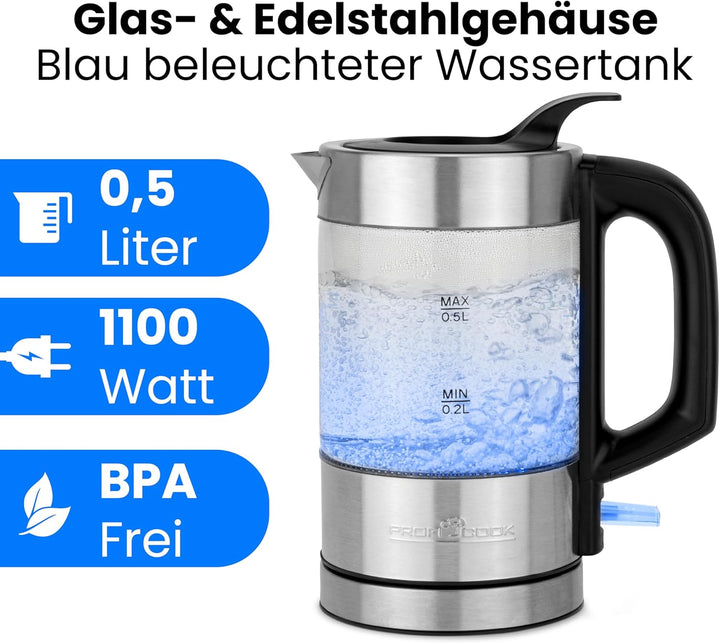 ProfiCook Wasserkocher Edelstahl beleuchtet, 0,5 Liter Mini Wasserkocher mit blauer Beleuchtung, Tee