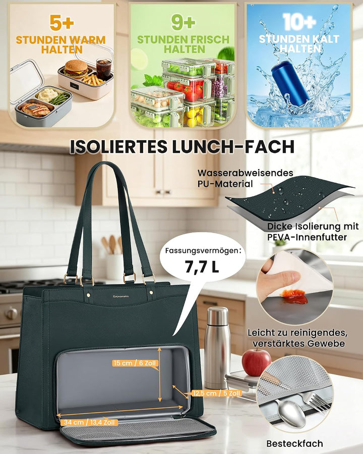 RAINSMORE Lehrertasche Damen mit Kühlfach 15,6 Zoll Laptoptasche Arbeitstasche Damen Gross PU Leder
