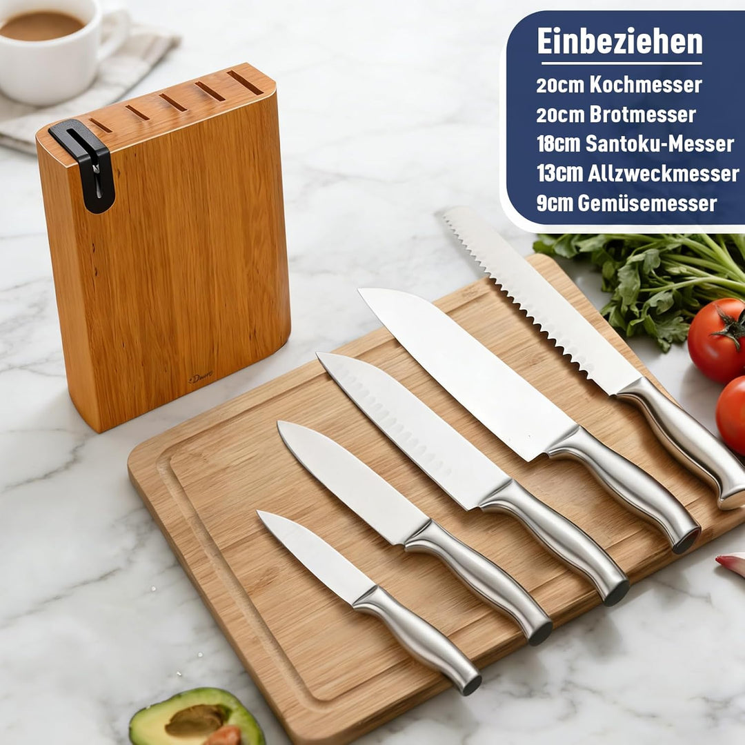 Dmore Messerblock mit Messer, 6-Teilig Küchenmesser Set mit Block und Schleifer, Premium-Edelstahl-M