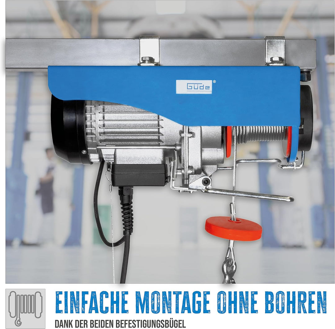 Güde 1716 Elektrischer Seilzug GSZ 200/400L (230 V, 750 W, 9 m langes Bedienkabel, idealer Helfer in