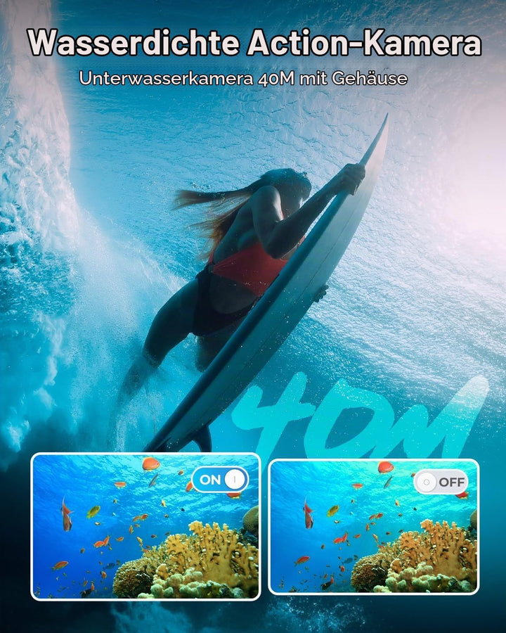 4K 60FPS Action Cam, Unterwasserkamera mit 128G SD Karte 48MP HD WiFi Kamera mit EIS 40M Wasserdicht