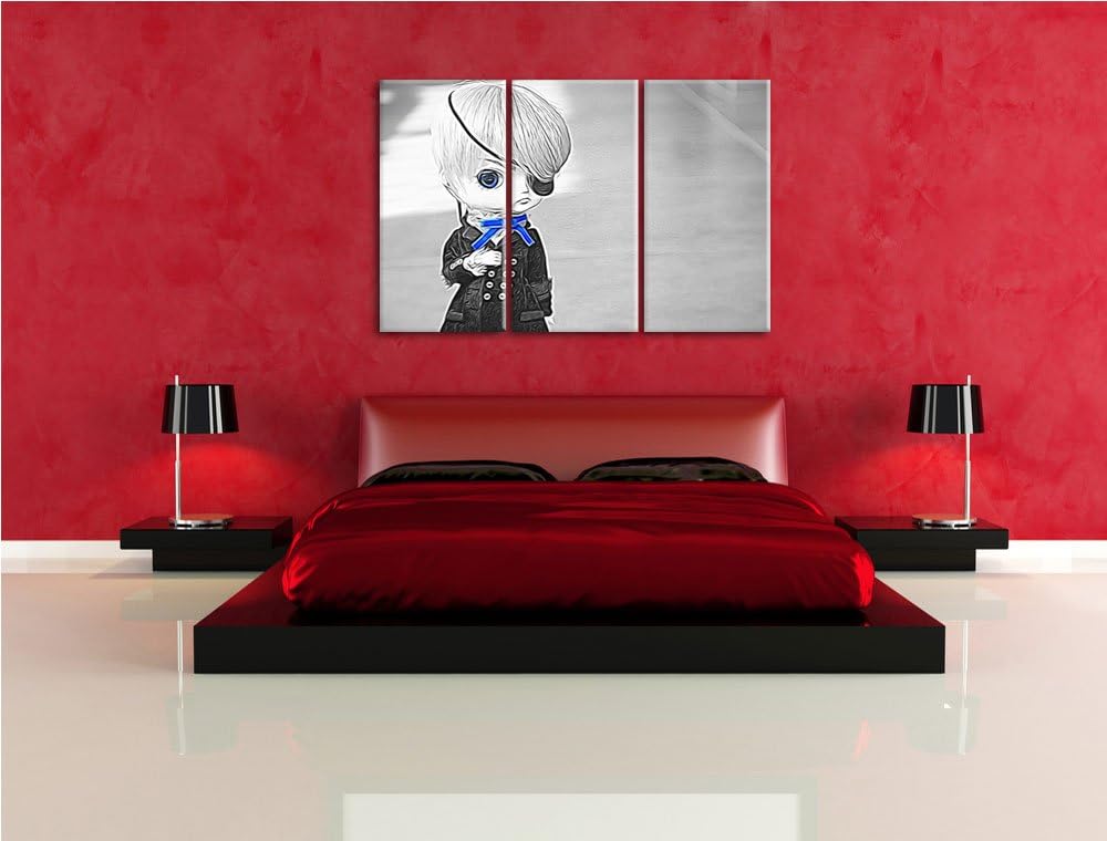 hübsche verwegene Pullip-Puppe mit Augenklappe schwarz/weiss Spezial 3-Teiler Leinwandbild 120x80 Bi