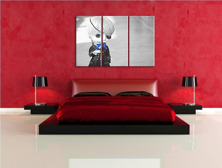 hübsche verwegene Pullip-Puppe mit Augenklappe schwarz/weiss Spezial 3-Teiler Leinwandbild 120x80 Bi