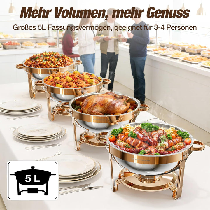WARMOUNTS Rose Gold Chafing Dish Buffet 5L 4er Set, Rund Speisenwärmer für Catering mit Glasdeckel &