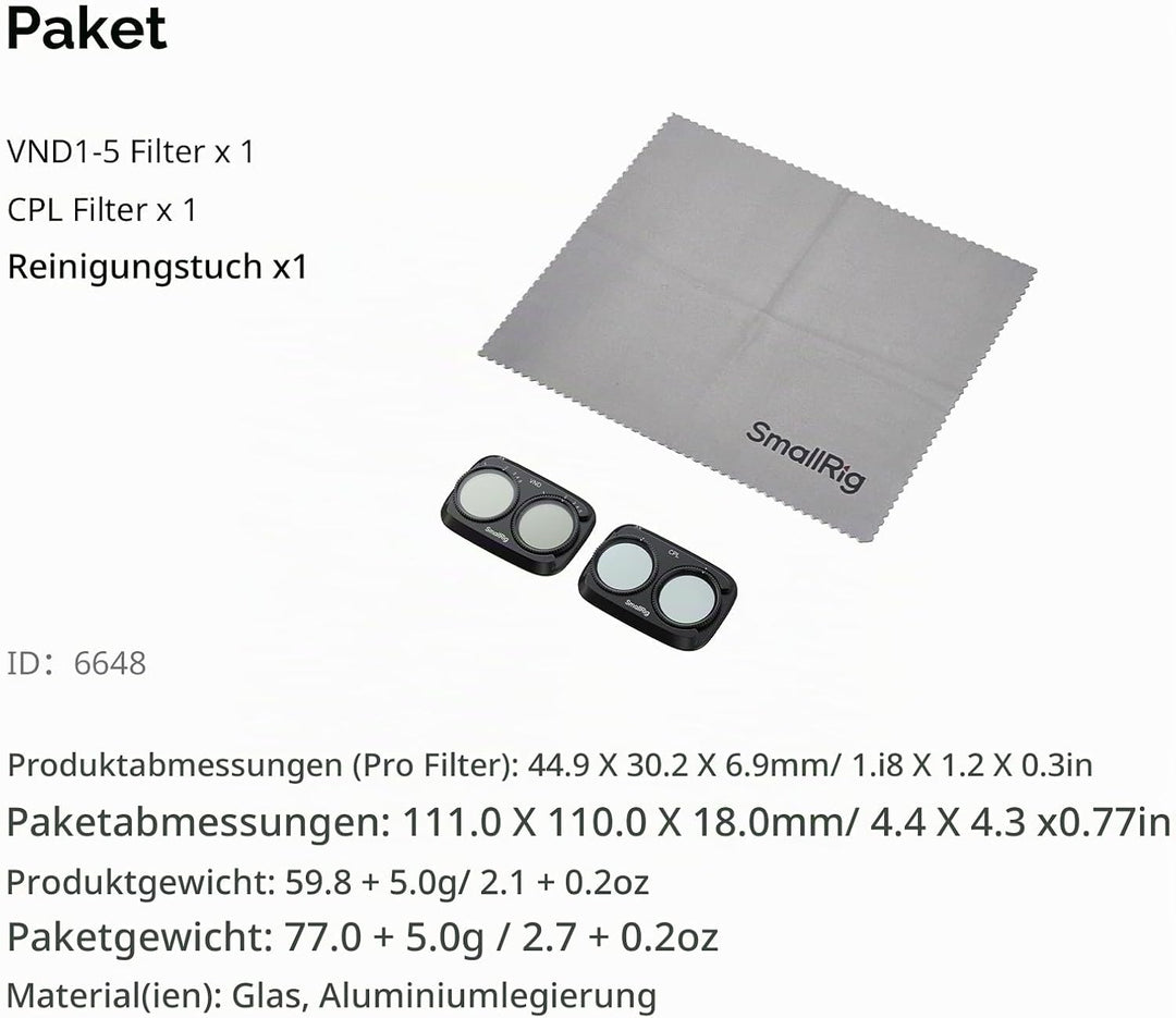 SMALLRIG Filterset für DJI Osmo Pocket 4P, Variabler ND2-32- und CPL-Filter für DJI Osmo Pocket 4P,