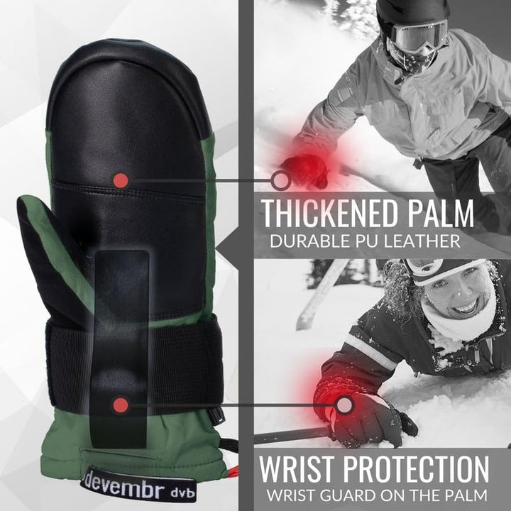 devembr Ski-Fäustlinge mit Handgelenkschützern, Warme Snowboard-Fäustlinge, Wasserdicht (S/M/L) Grün